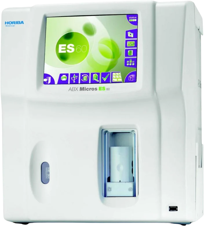 A Horiba ABX Micros ES 60 hematology analyzer &mdash; the bench cell counter used to measure the platelet dose in every case.